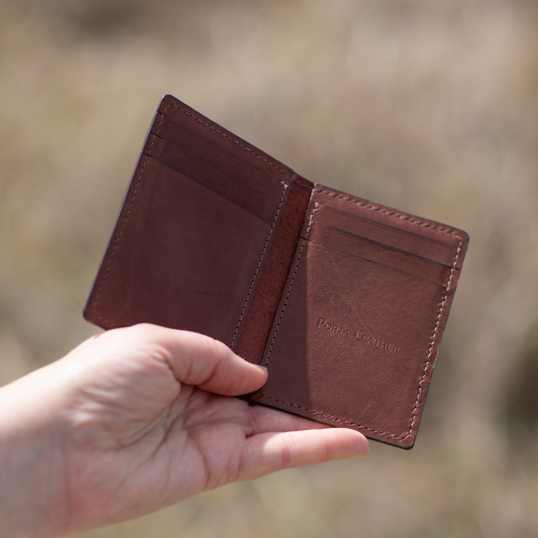 Open view of Porta Leather portrait card wallet in brandy
