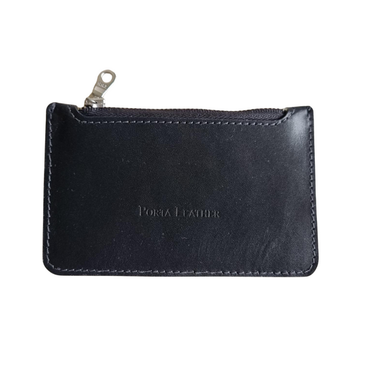 Front view of the Porta Leather Bella Pouch in Black leather and silver hardware.