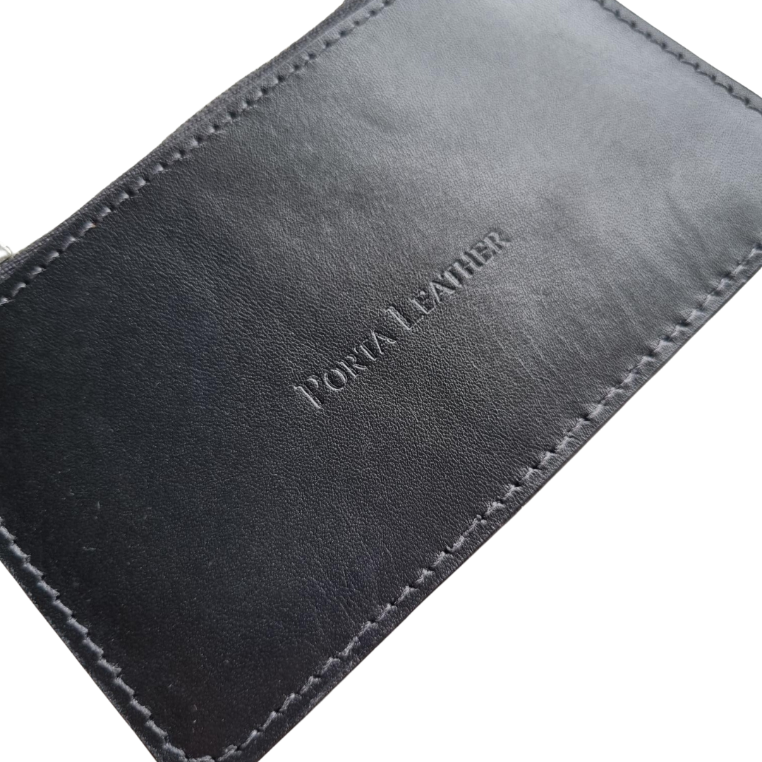 Close up of the Porta Leather Bella Pouch in Black leather