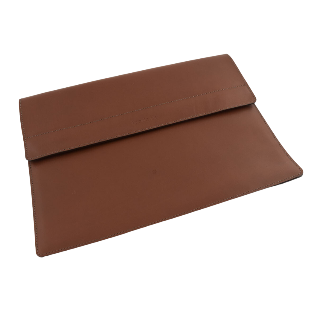 Open view of Porta Leather laptop and tablet sleeve in brown