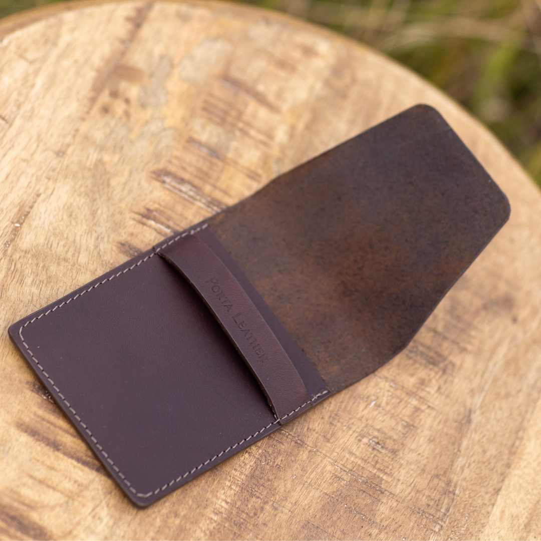 Open view of Porta Leather Heritage Dark Brown Business Card Slip