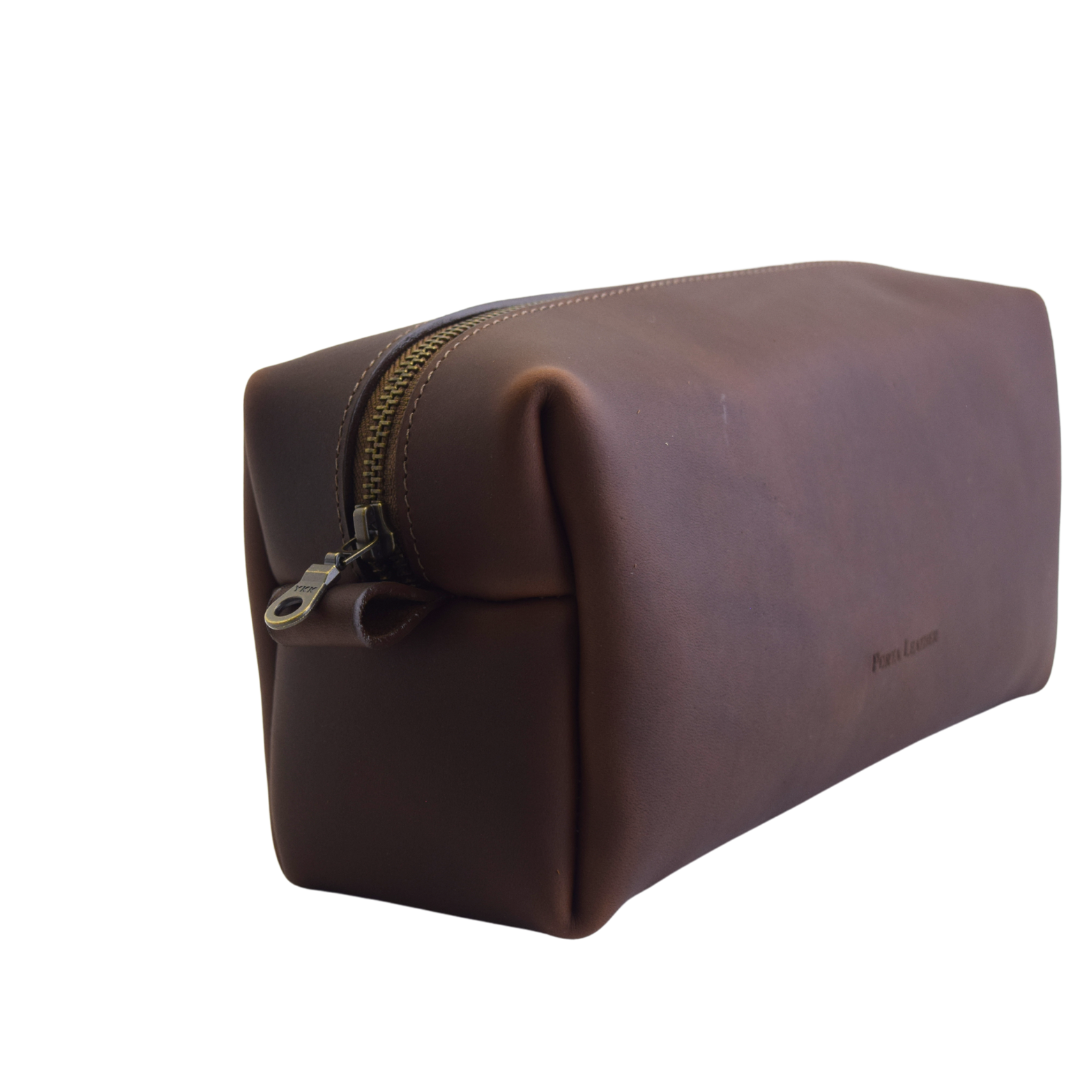 Side view of Porta Leather Dopp Kits in Heritage Dark Brown
