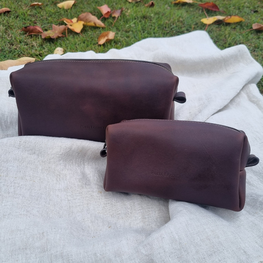 Porta Leather Dopp Kitt in small and larger Heritage Dark Brown