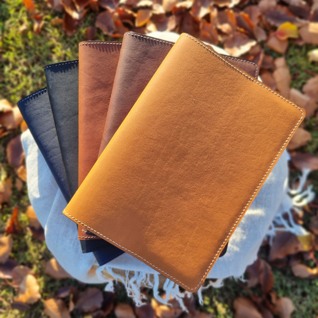 Porta Leather Notebook Slip covers in full range of colours, Heritage Black, Dark Brown, Brown, Navy and Tan