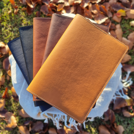 Porta Leather Notebook Slip covers in full range of colours, Heritage Black, Dark Brown, Brown, Navy and Tan