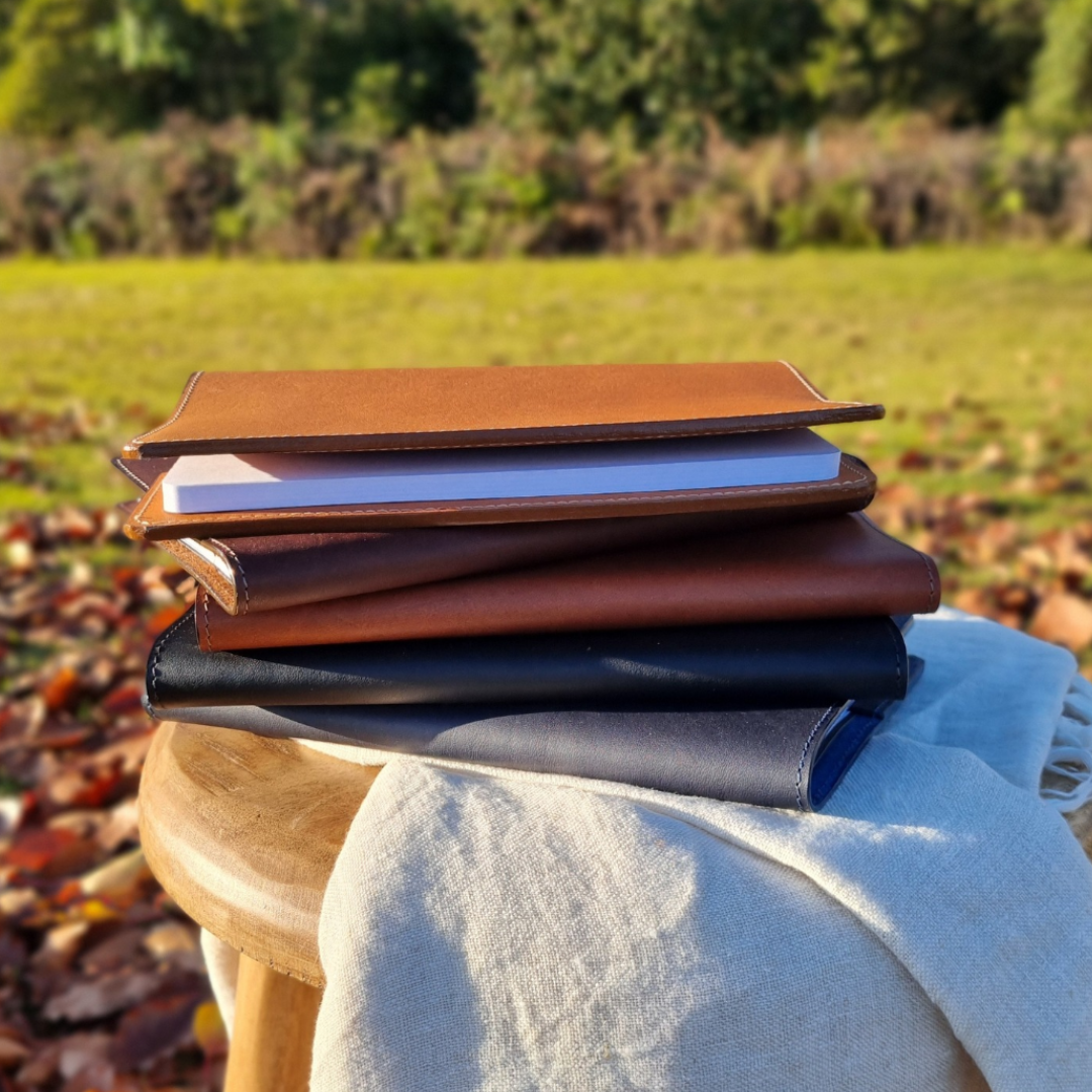 Porta Leather Notebook Slip covers in full range of colours, Heritage Black, Dark Brown, Brown, Navy and Tan