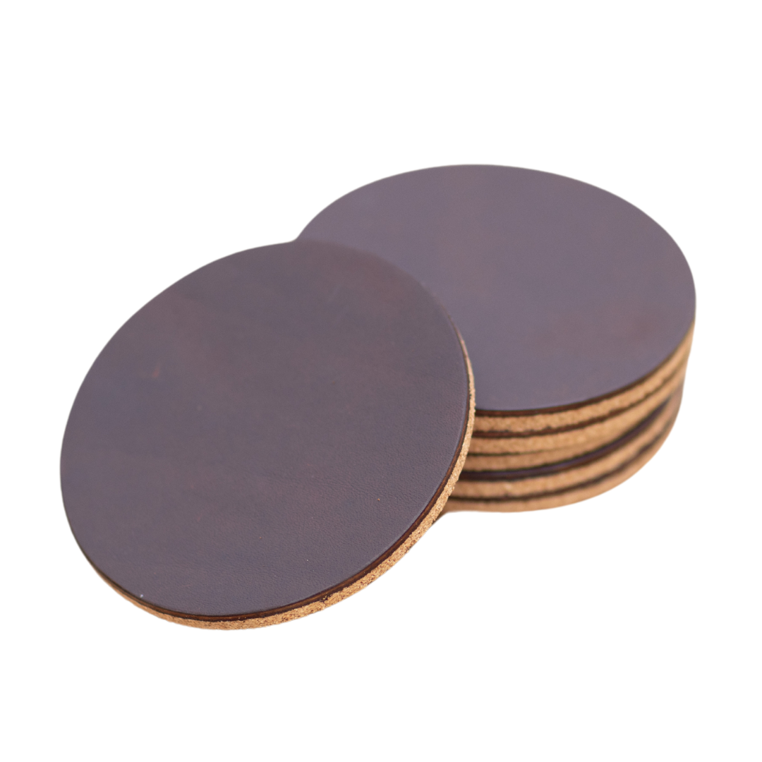 6 pack of round Porta Leather coasters in brown
