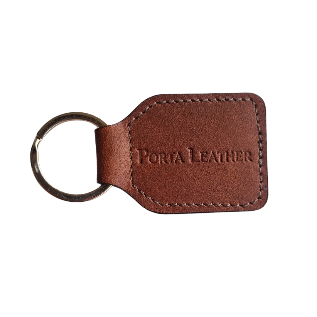 Porta Leather Tag Keyring in Heritage Brown with gold hardware.