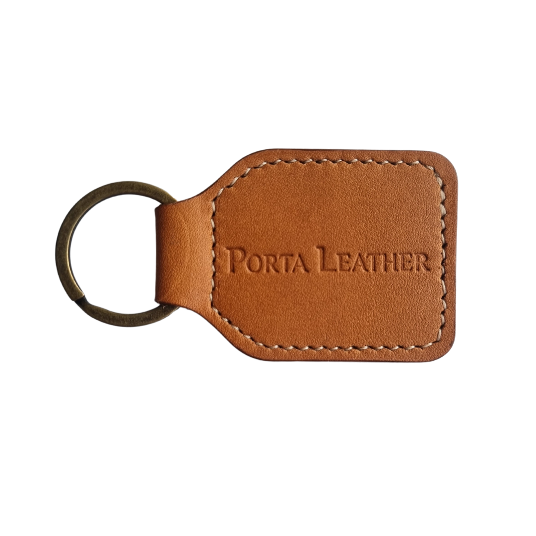 Porta Leather Tag Keyring in Heritage Tan with Antique hardware.