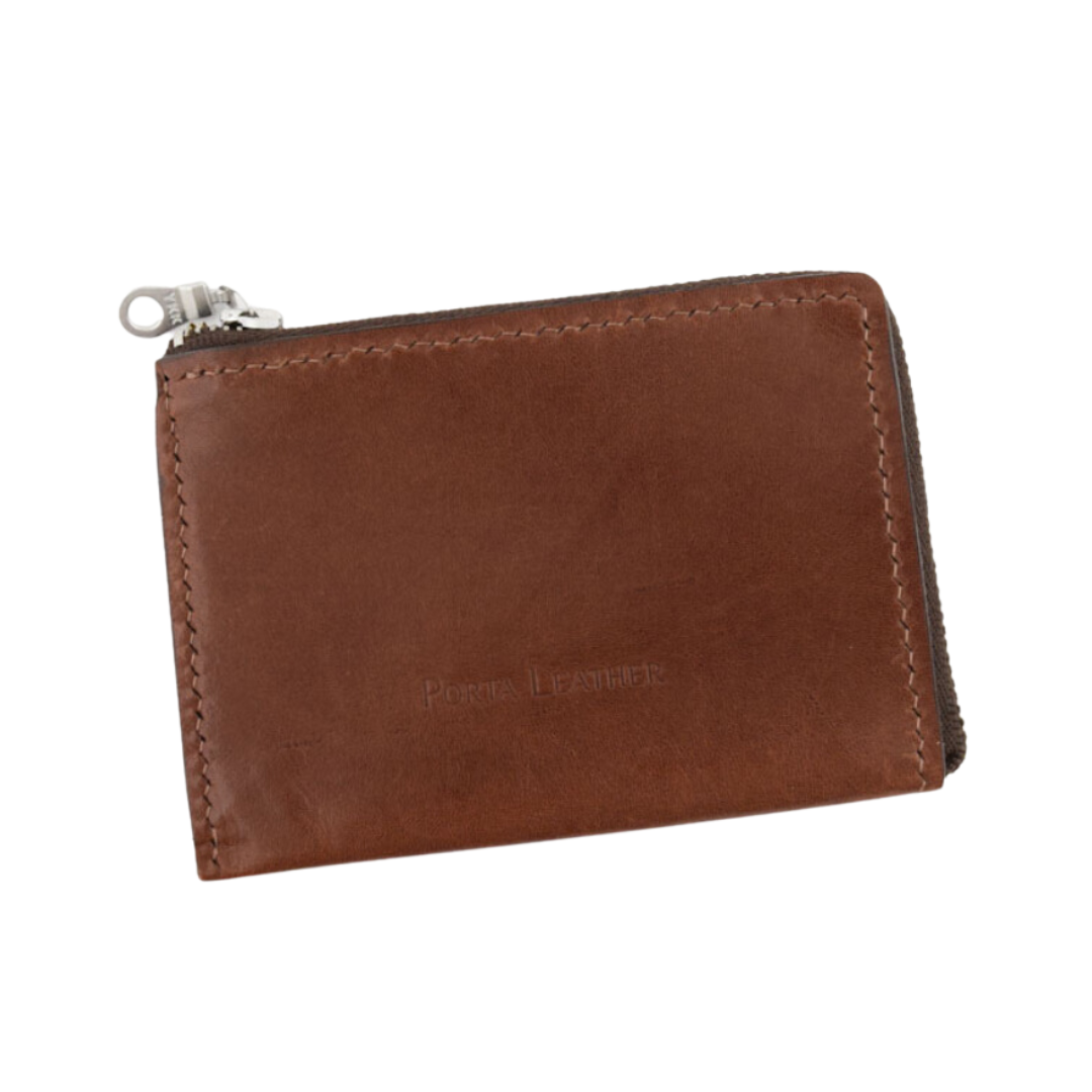 Porta Leather L-zip Card Slip in Brandy leather and silver hardware