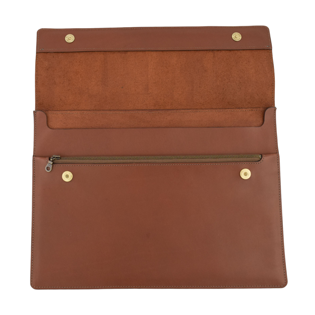 Open view of Porta Leather laptop and tablet sleeve in brown
