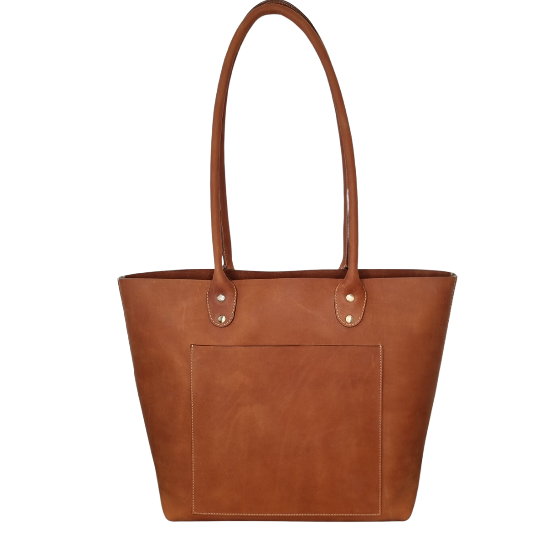 Back view of Porta Leather Heritage Tote bag in whiskey and antique