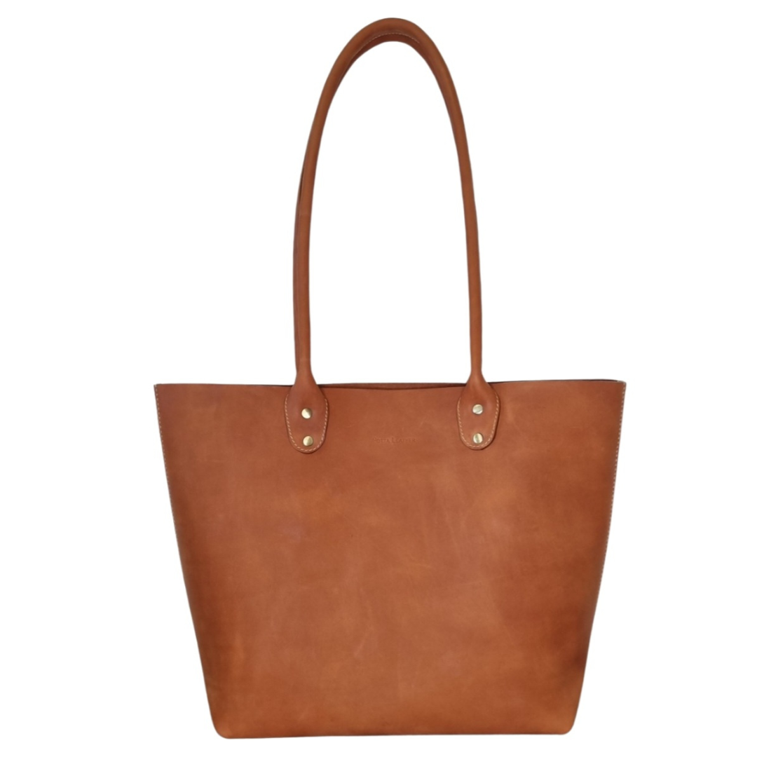 Front view of Porta Leather Heritage Tote bag in whiskey and antique