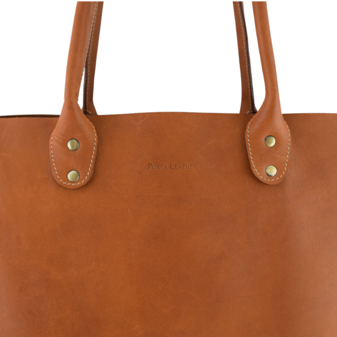 Porta Leather Heritage Tote bag in whiskey and antique handle detail
