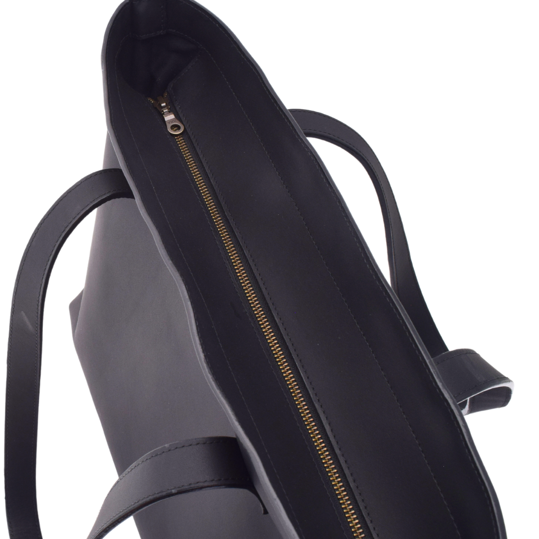 Top view of the Porta Leather Elena Tote Bag in Heritage Black