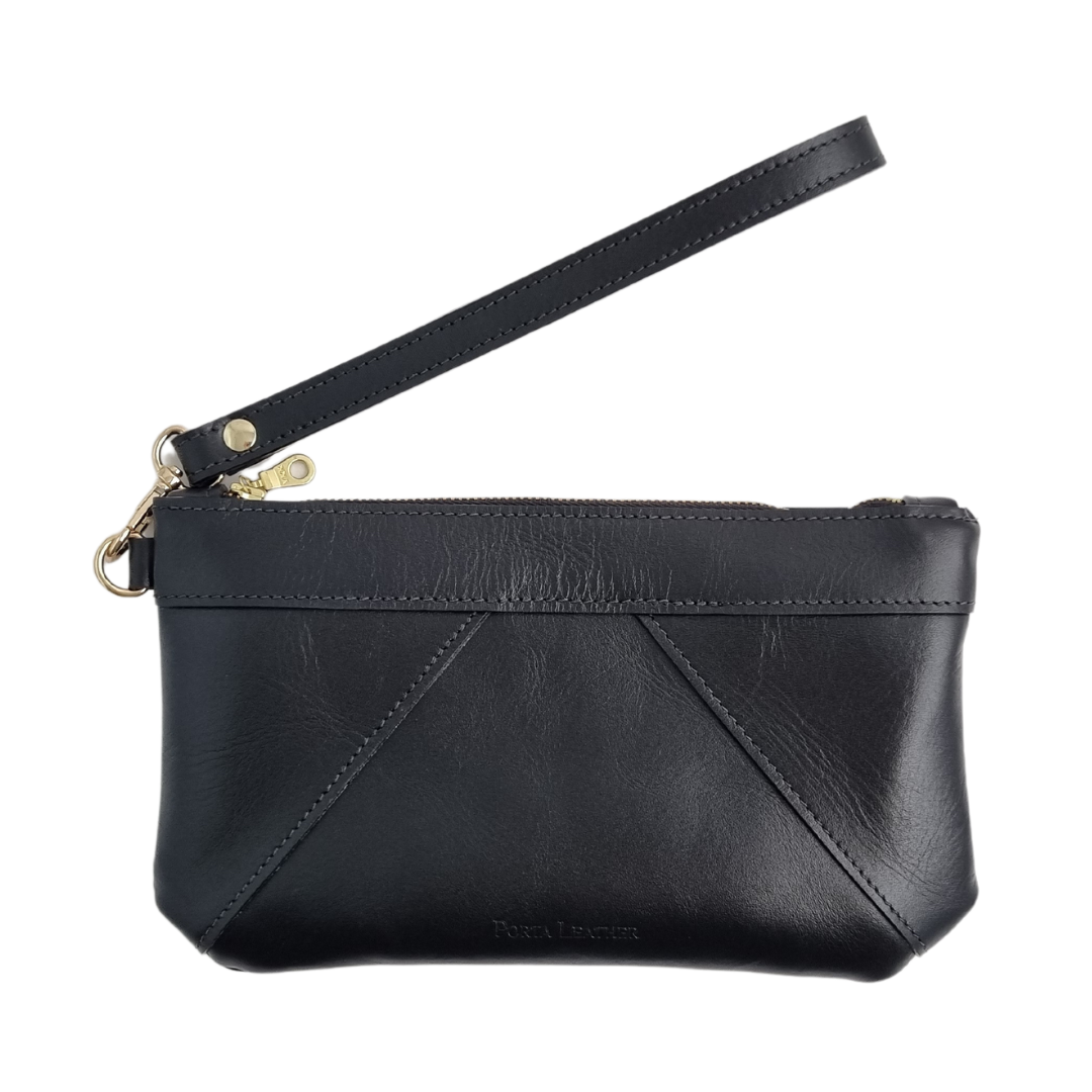 Porta Leather Wristlet Clutch in Black and gold