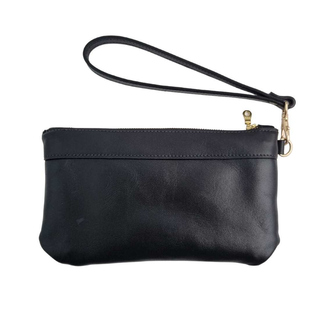 Back view of Porta Leather Wristlet Clutch in Black and gold