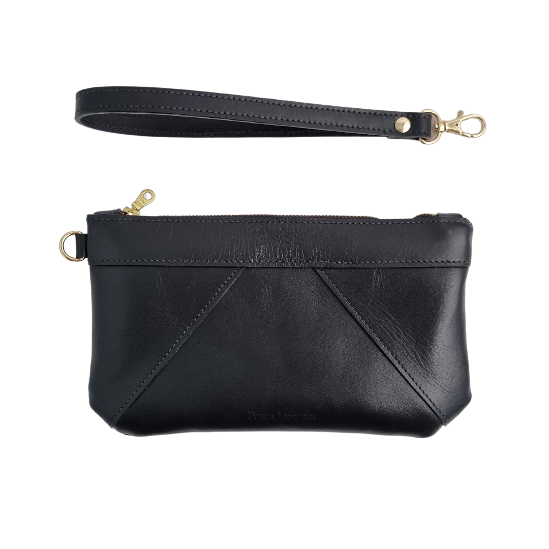 Porta Leather Wristlet Clutch in Black and gold with detachable strap