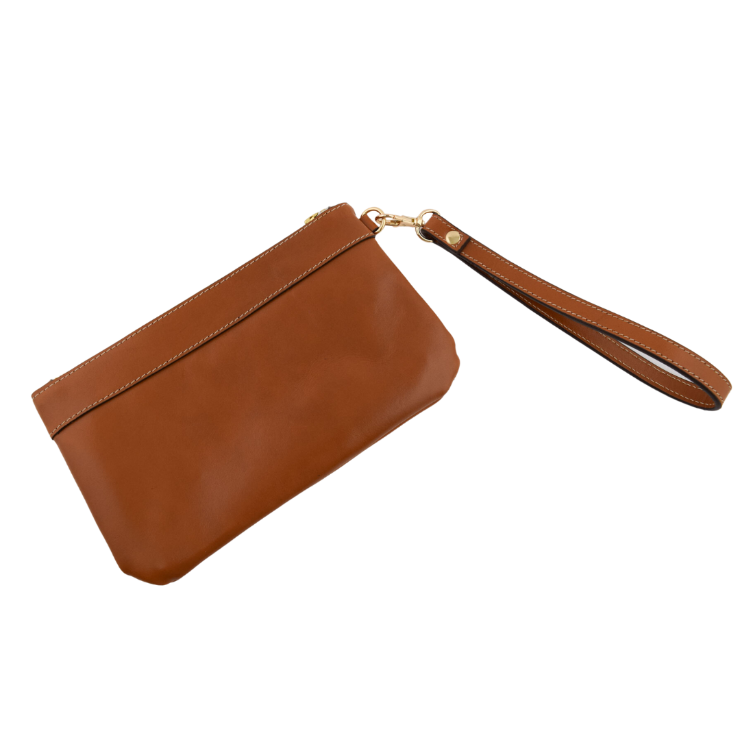 Porta Leather Wristlet Clutch in tan and gold