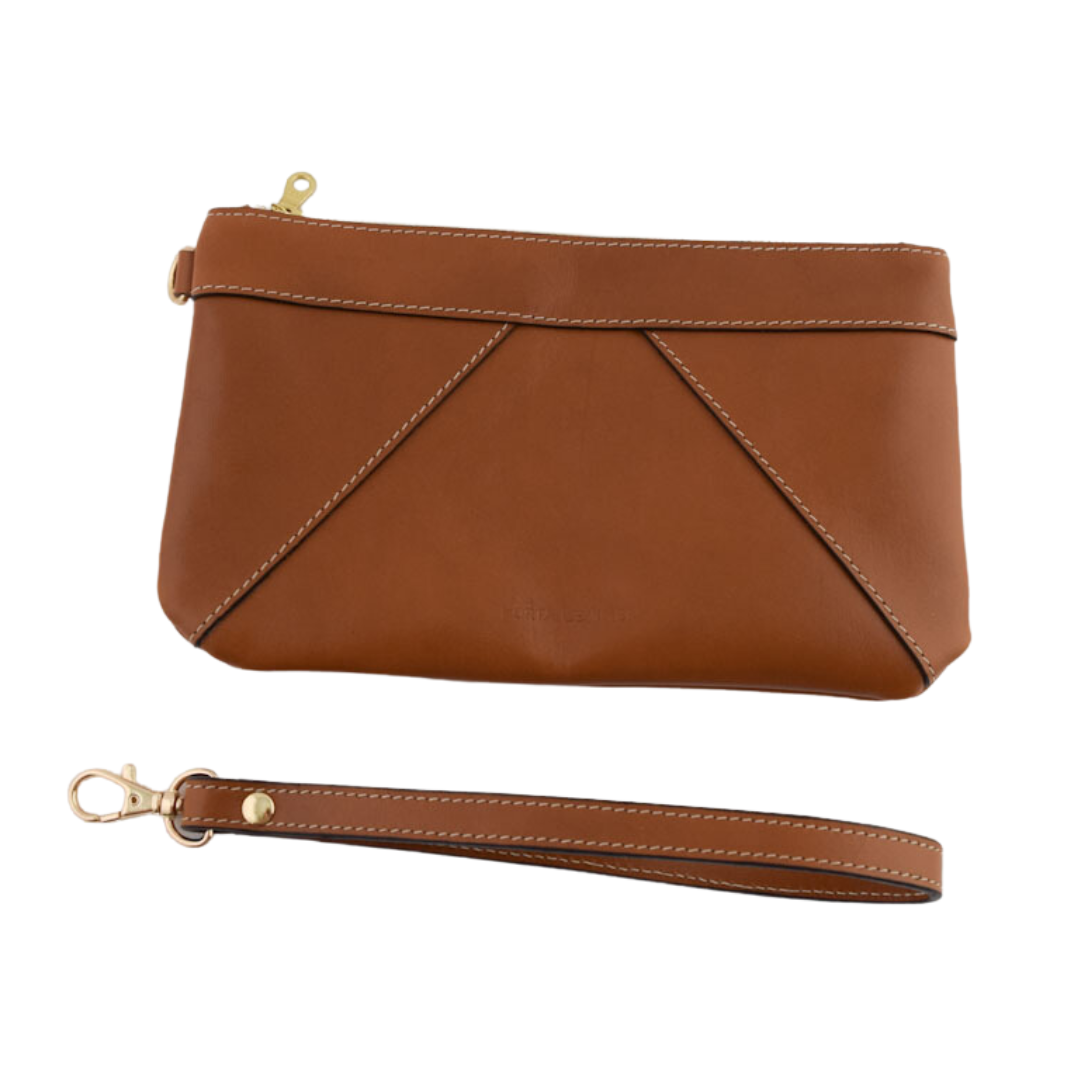 Porta Leather Wristlet Clutch in tan and gold with detachable strap