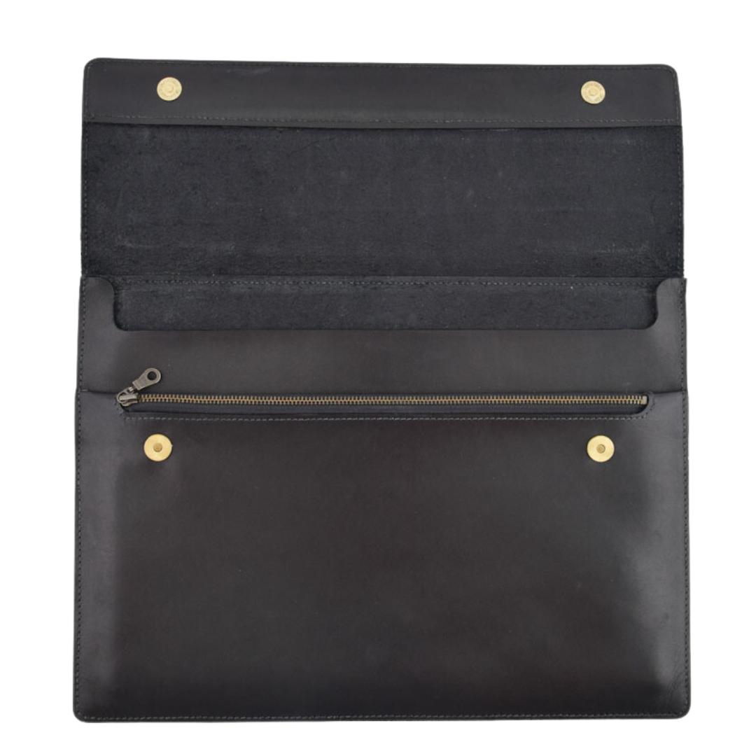 Open view of Porta Leather laptop and tablet sleeve in black