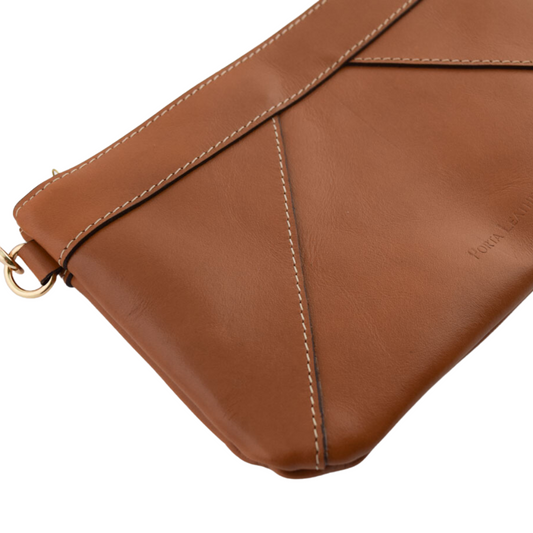 Back view of the Porta Leather Tri-Crossbody bag in tan