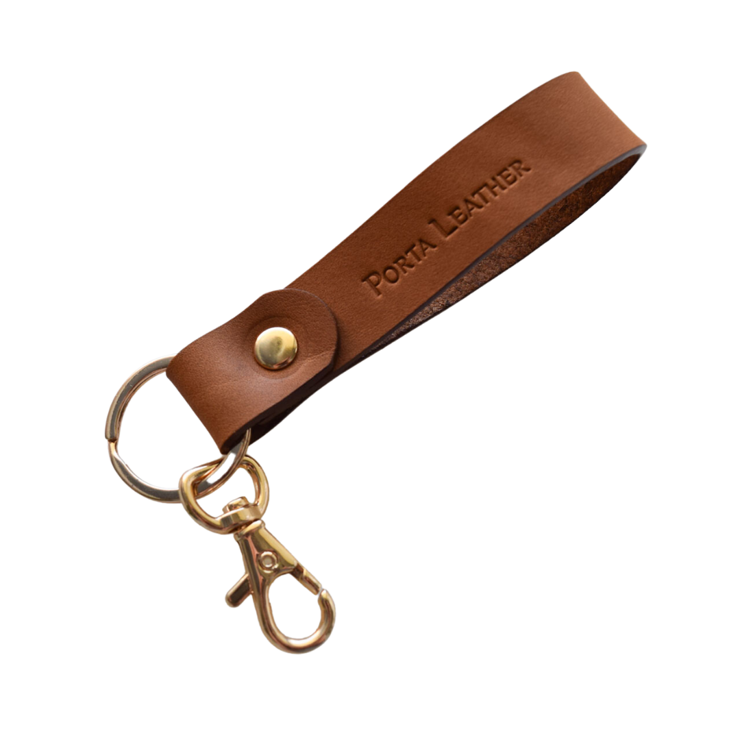 Porta Leather Classic Keyring in Tan and gold