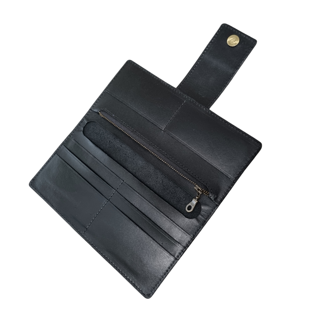 Long wallet interior in black leather with antique hardware by Porta Leather