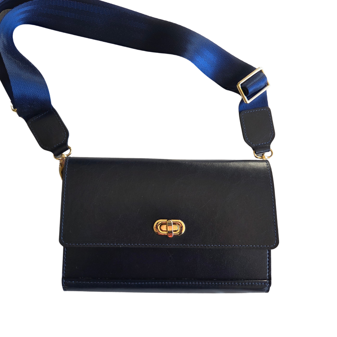 Porta Leather Navy Jenna bag with blue strap on a white background