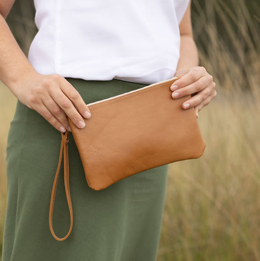 Porta Leather Classic Clutch in tan with gold hardware