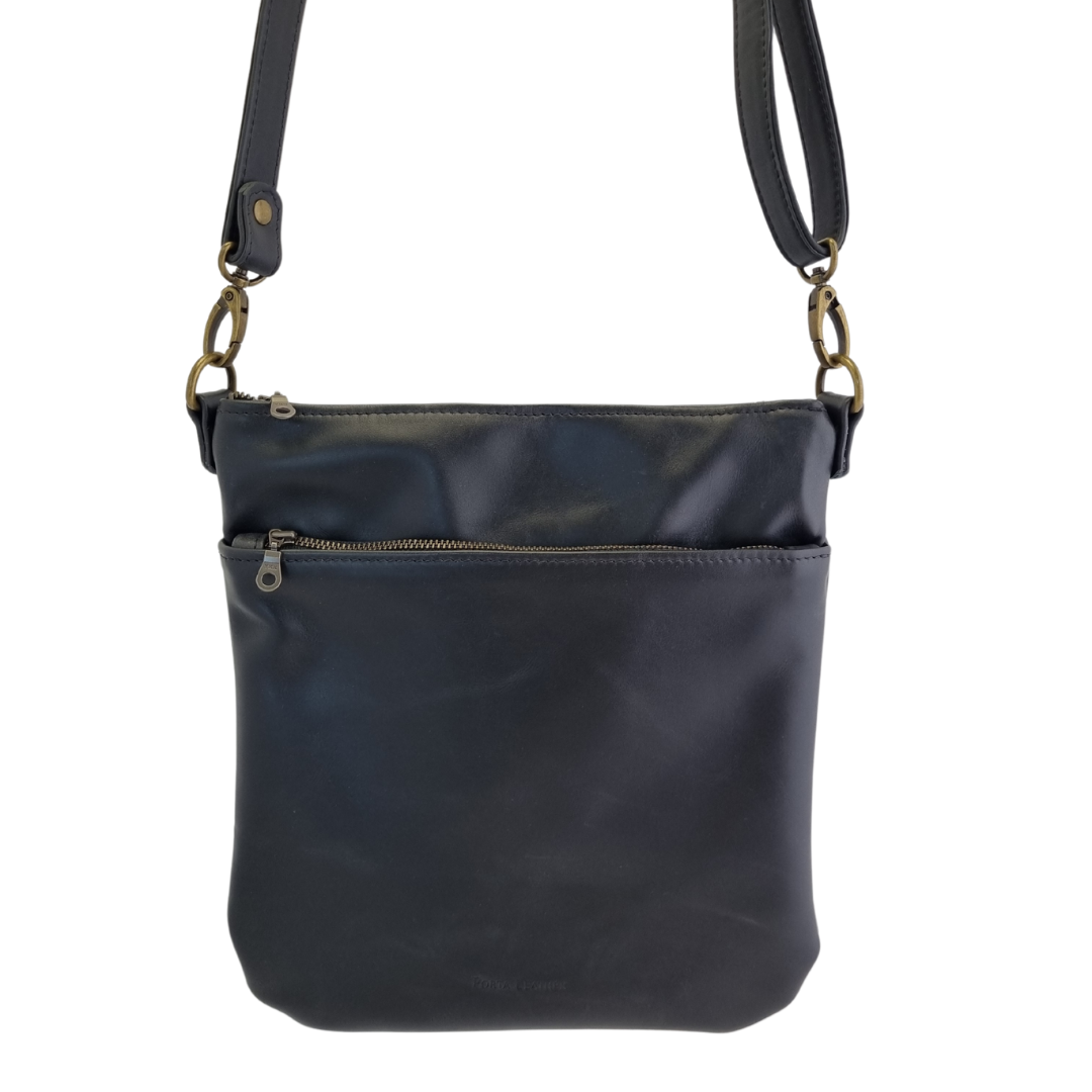 Porta Leather handmade Harper Crossbody Bag in Black with antique hardware