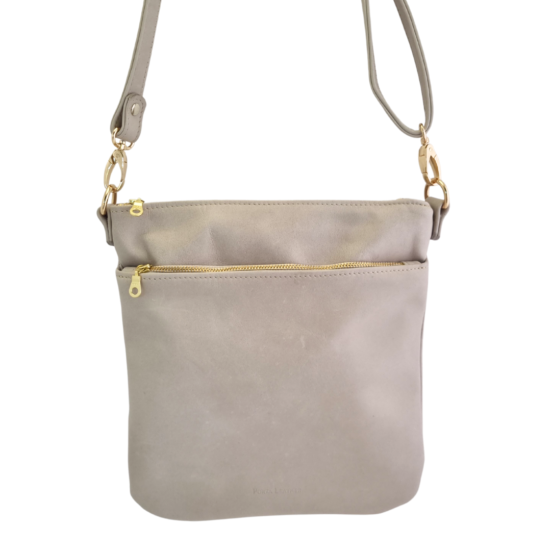 Porta Leather Australian handmade Harper Crossbody Bag in grey with gold hardware