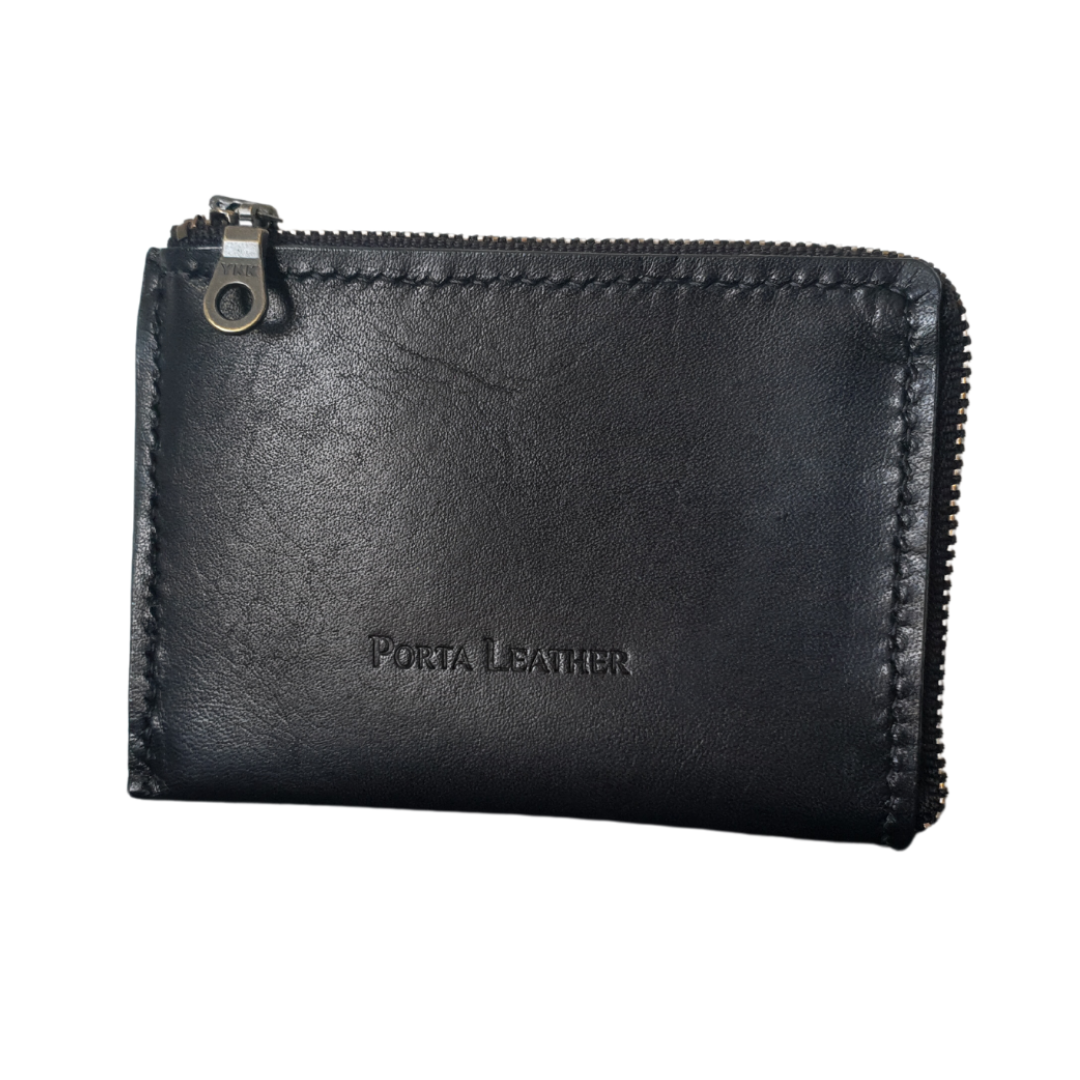 Porta Leather L-zip Card Slip in Black leather and antique hardware