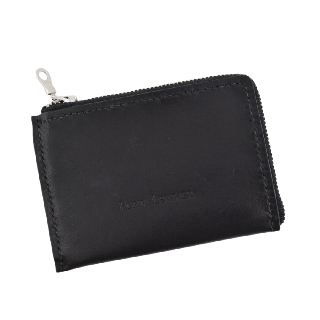 Porta Leather L-zip Card Slip in Black leather and silver hardware