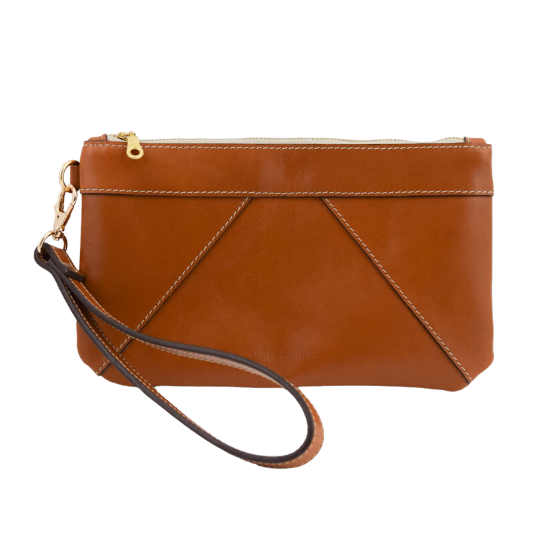 Porta Leather Wristlet Clutch in tan and gold