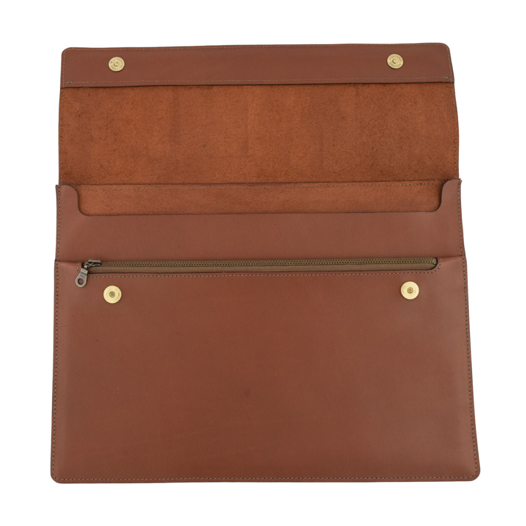 Open view of Porta Leather laptop and tablet sleeve in brown 