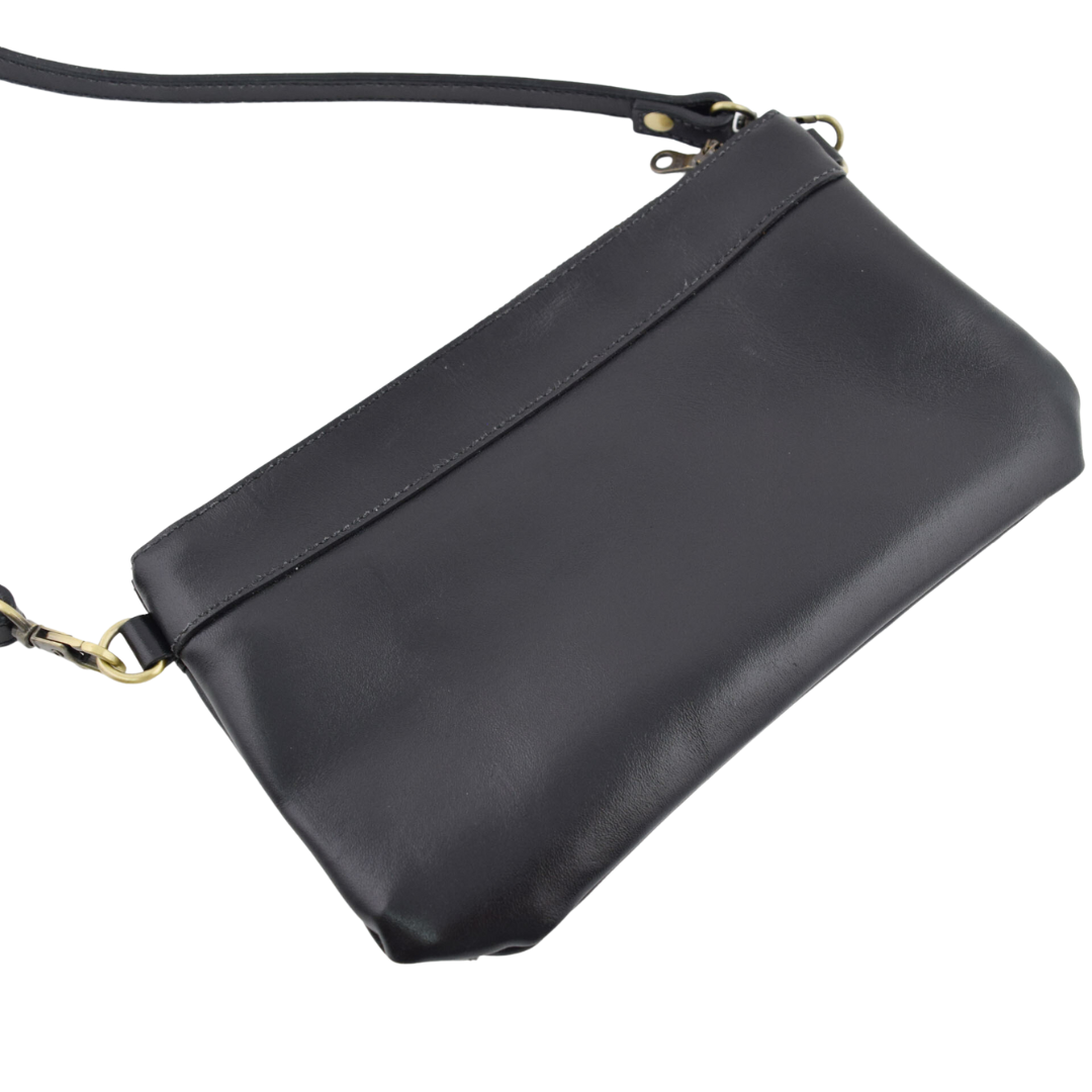 Back view of the Porta Leather Tri-Crossbody bag in black