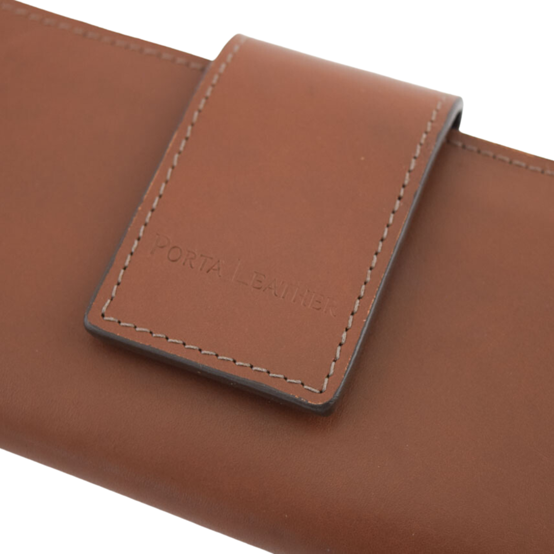 Front details of Porta Leather Long Wallet in brown