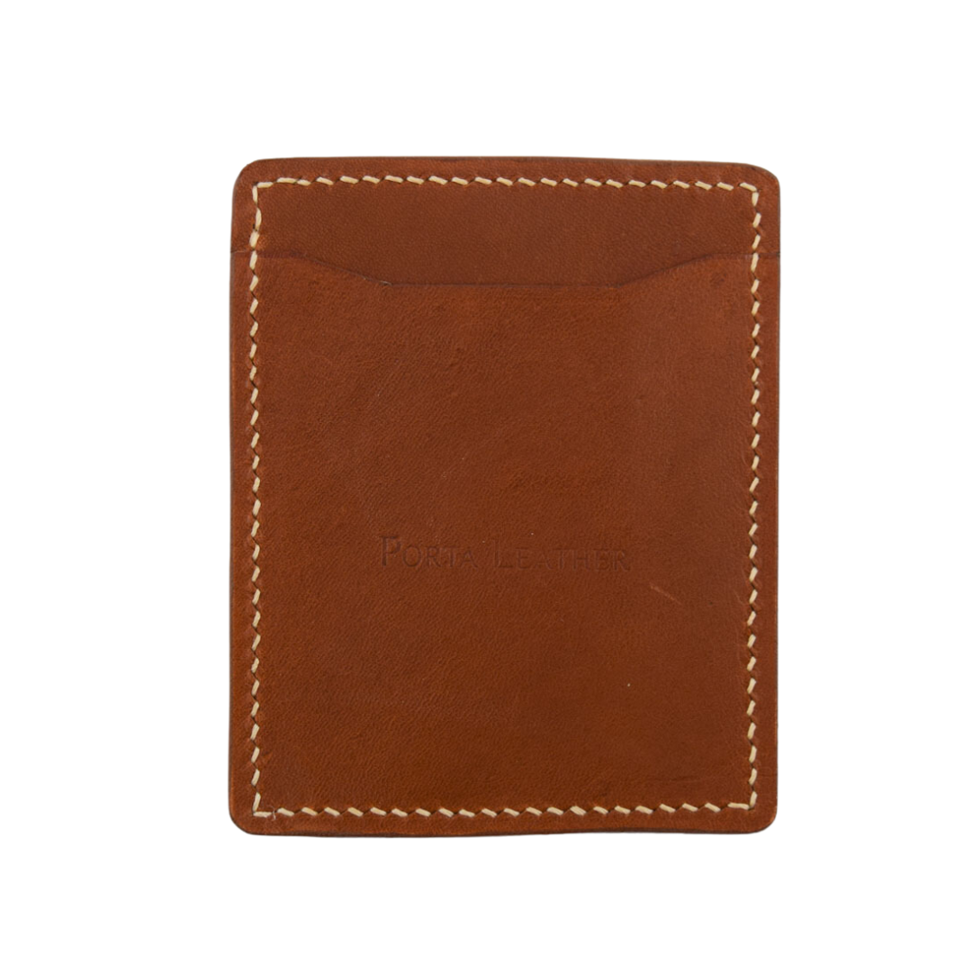 Cognac handcrafted Porta Leather card slip made from Australian Leather